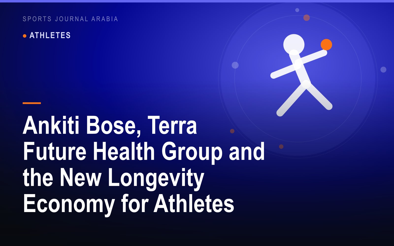 Conceptual illustration of an athlete figure at the centre of a longevity and diagnostics platform, in the Sports Journal Arabia house style.