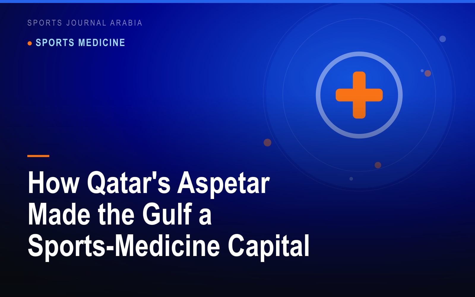 Abstract illustration of a modern orthopaedic hospital building beside a stylized running figure, in gold and deep blue desert tones.