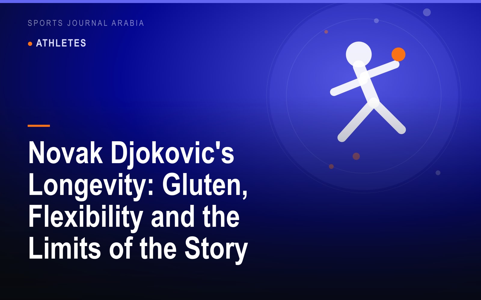 Conceptual illustration of a tennis player mid-stretch surrounded by mobility and breathing motifs, in blue and gold.